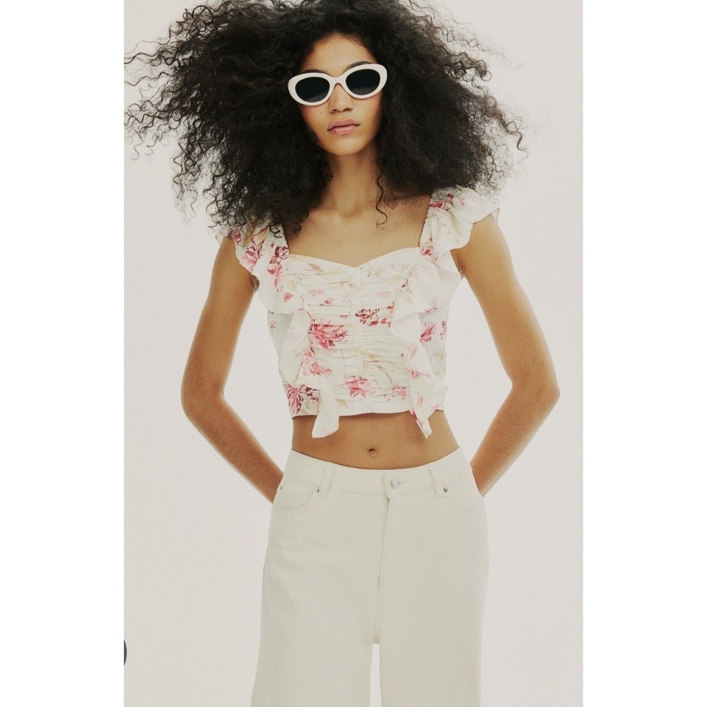H&M Linen Blend Floral Print Cropped Milkmaid Fairy Flutter Ruffle‎ Top Sz M